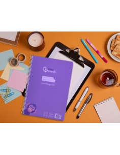Cuaderno espiral liderpapel din a4 pautaguia tapa plastico80h 90gr cuadro pautado 3mm con margen color lila