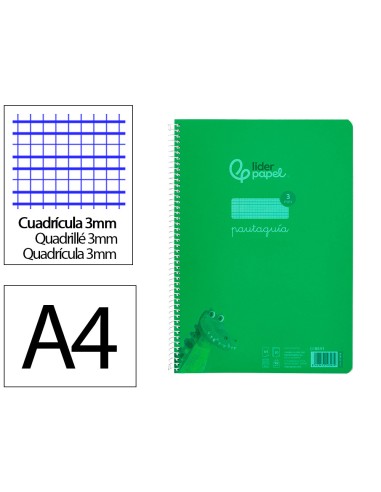 Cuaderno espiral liderpapel din a4 pautaguia tapa plastico80h 90gr cuadro pautado 3mm con margen color verde
