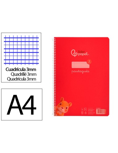 Cuaderno espiral liderpapel din a4 pautaguia tapa plastico80h 90gr cuadro pautado 3mm con margen color rojo