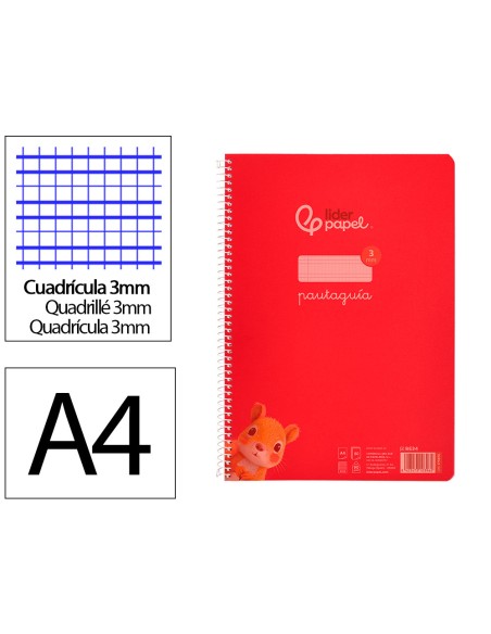 Cuaderno espiral liderpapel din a4 pautaguia tapa plastico80h 90gr cuadro pautado 3mm con margen color rojo
