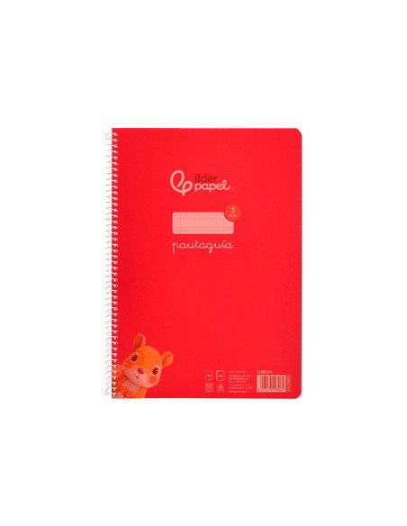 Cuaderno espiral liderpapel din a4 pautaguia tapa plastico80h 90gr cuadro pautado 3mm con margen color rojo