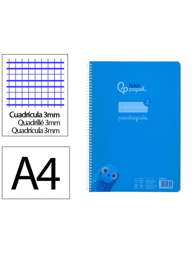 Cuaderno espiral liderpapel din a4 pautaguia tapa plastico80h 90gr cuadro pautado 3mm con margen color azul
