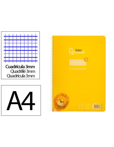 Cuaderno espiral liderpapel din a4 pautaguia tapa plastico80h 90gr cuadro pautado 3mm con margen color amarillo