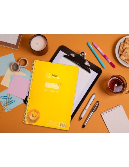 Cuaderno espiral liderpapel din a4 pautaguia tapa plastico80h 90gr cuadro pautado 3mm con margen color amarillo
