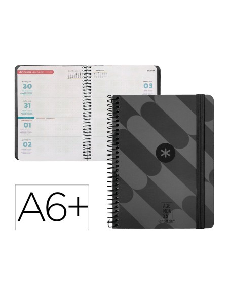 Agenda espiral antartik pattern a6 2025 semana vista color negro papel 80 gr
