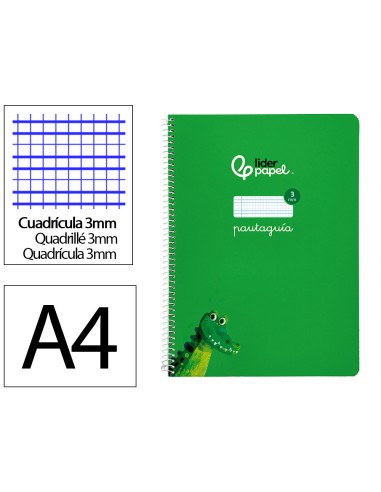 Cuaderno espiral liderpapel di n a4 pautaguia tapa blanda 80h 75 gr cuadro pautado 3mm color verde
