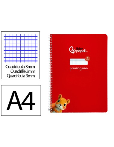Cuaderno espiral liderpapel di n a4 pautaguia tapa blanda 80h 75 gr cuadro pautado 3mm color rojo