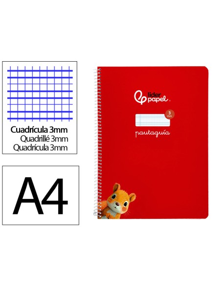 Cuaderno espiral liderpapel di n a4 pautaguia tapa blanda 80h 75 gr cuadro pautado 3mm color rojo