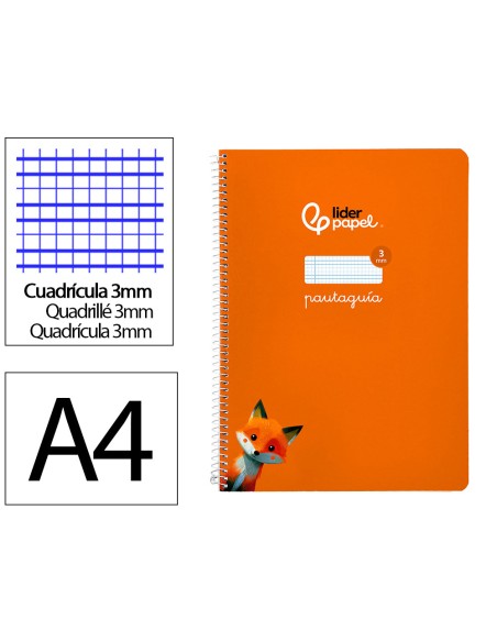 Cuaderno espiral liderpapel di n a4 pautaguia tapa blanda 80h 75 gr cuadro pautado 3mm color naranja