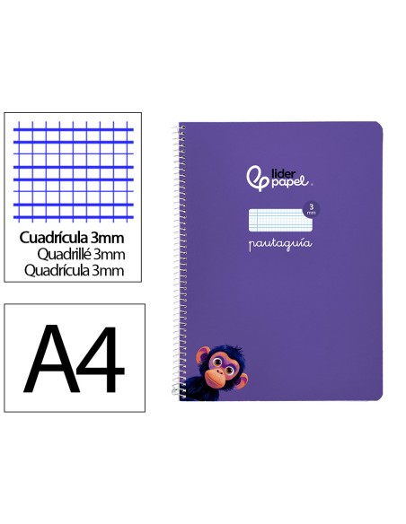 Cuaderno espiral liderpapel di n a4 pautaguia tapa blanda 80h 75 gr cuadro pautado 3mm color lila