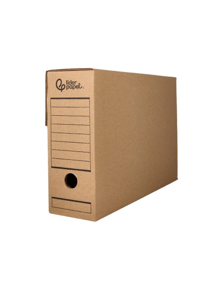 Caja archivo definitivo liderpapel din a4 carton reciclado 325g m2 lomo 82 mm kraft 325x82x250 mm