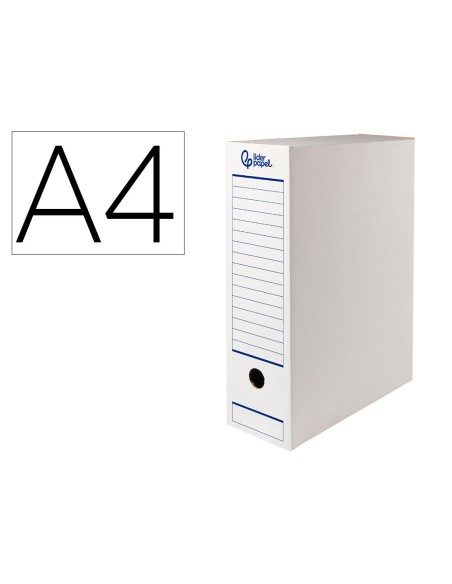 Caja archivo definitivo automatica liderpapel din a4 carton reciclado 325g m2 lomo 100 mm blanco 360x100x255mm