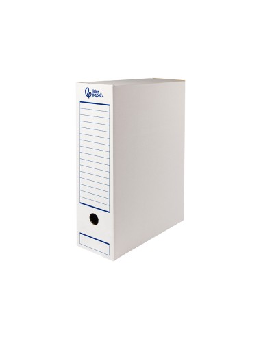 Caja archivo definitivo automatica liderpapel din a4 carton reciclado 325g m2 lomo 100 mm blanco 360x100x255mm
