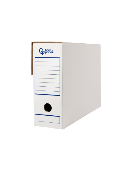 Caja archivo definitivo automatica liderpapel din a4 carton reciclado 325g m2 lomo 100 mm blanco 360x100x255mm