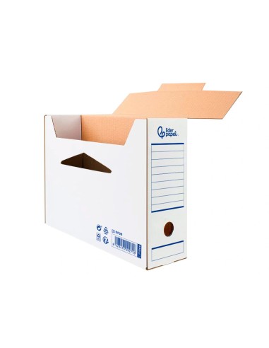 Caja archivo definitivo automatica liderpapel din a4 carton reciclado 325g m2 lomo 100 mm blanco 360x100x255mm