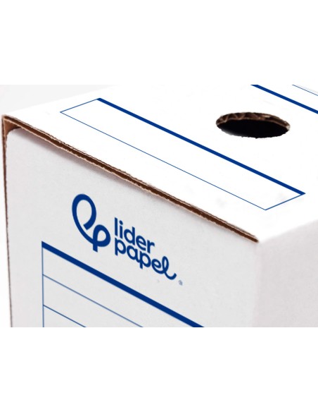 Caja archivo definitivo automatica liderpapel din a4 carton reciclado 325g m2 lomo 100 mm blanco 360x100x255mm