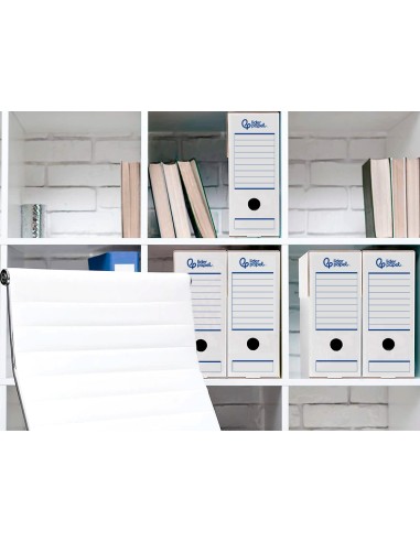 Caja archivo definitivo automatica liderpapel din a4 carton reciclado 325g m2 lomo 100 mm blanco 360x100x255mm