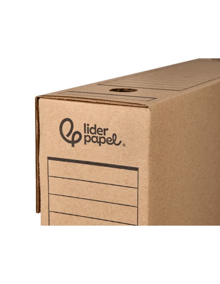 Caja archivo definitivo liderpapel folio carton reciclado 325g m2 lomo 100 mm kraft 365x100x251 mm