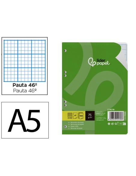 Recambio liderpapel din a5 100 hojas 75 gr rayado n 46 6 taladros