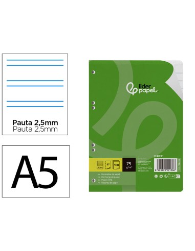 Recambio liderpapel din a5 100 hojas 75 gr pauta 5 25mm con margen 6 taladros