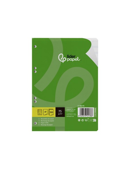 Recambio liderpapel din a5 100 hojas 75 gr pauta 5 25mm con margen 6 taladros
