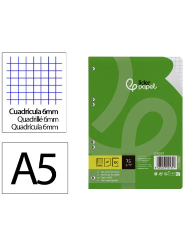 Recambio liderpapel din a5 100 hojas 75 gr cuadro 6mm con margen 6 taladros