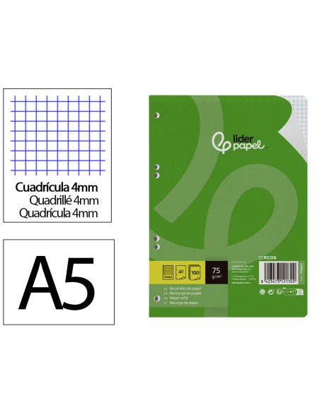 Recambio liderpapel din a5 100 hojas 75 gr cuadro 4mm con margen 6 taladros