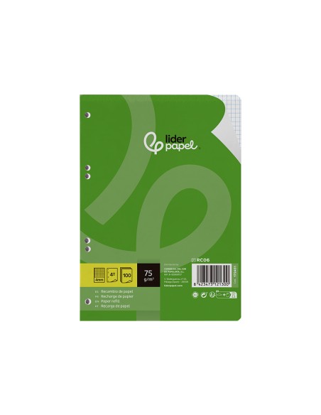 Recambio liderpapel din a5 100 hojas 75 gr cuadro 4mm con margen 6 taladros
