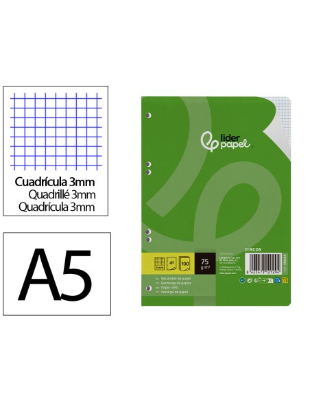 Recambio liderpapel din a5 100 hojas 75 gr cuadro 3mm con margen 6 taladros