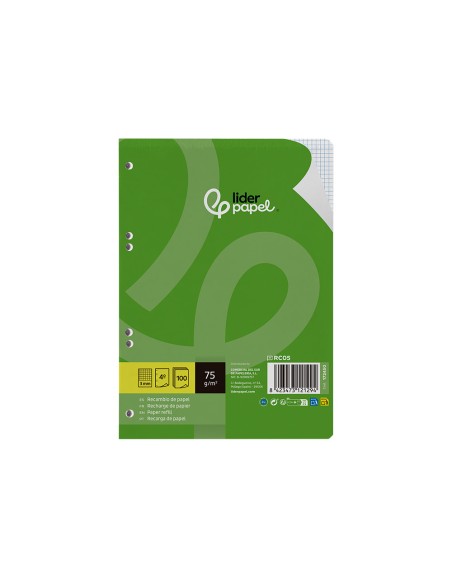 Recambio liderpapel din a5 100 hojas 75 gr cuadro 3mm con margen 6 taladros