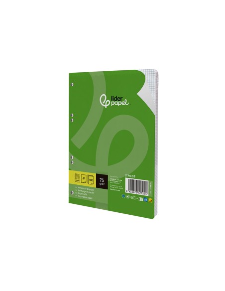 Recambio liderpapel din a5 100 hojas 75 gr cuadro 3mm con margen 6 taladros
