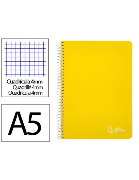 Cuaderno espiral liderpapel din a5 witty tapa dura 80h 90gr cuadro 4mm con margen color amarillo