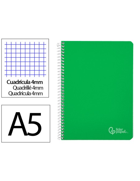 Cuaderno espiral liderpapel din a5 witty tapa dura 80h 90gr cuadro 4mm con margen color verde