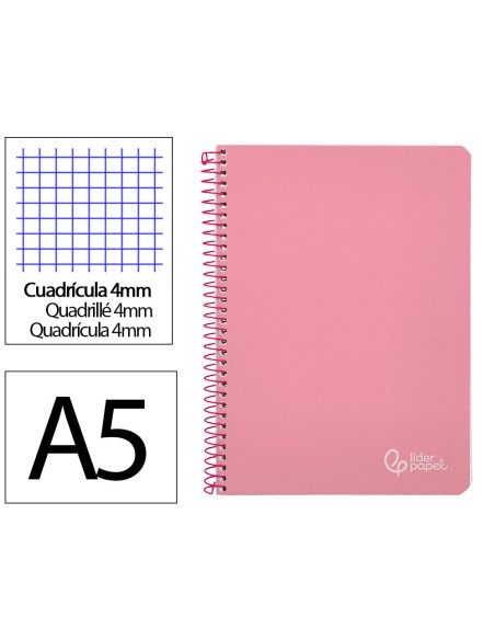 Cuaderno espiral liderpapel din a5 witty tapa dura 80h 90gr cuadro 4mm con margen color rosa