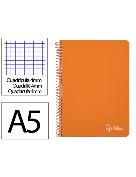Cuaderno espiral liderpapel din a5 witty tapa dura 80h 90gr cuadro 4mm con margen color naranja