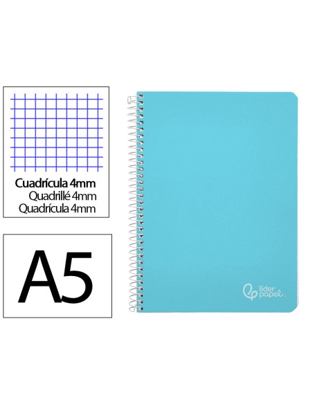Cuaderno espiral liderpapel din a5 witty tapa dura 80h 90gr cuadro 4mm con margen color azul