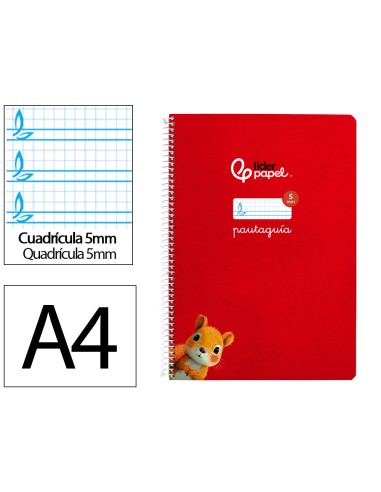 Cuaderno espiral liderpapel di n a4 pautaguia tapa blanda 80h 75 gr cuadro pautado 5mm color rojo