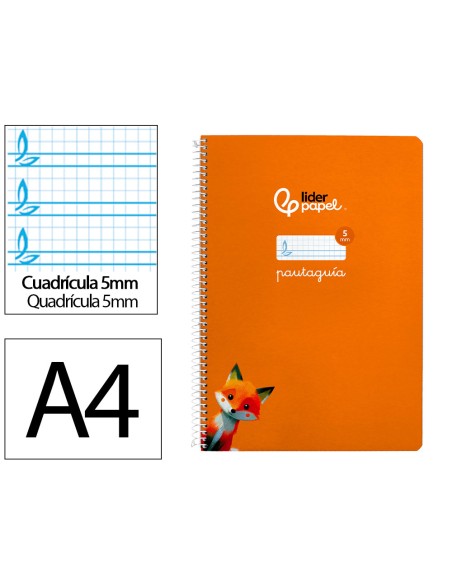 Cuaderno espiral liderpapel di n a4 pautaguia tapa blanda 80h 75 gr cuadro pautado 5mm color naranja