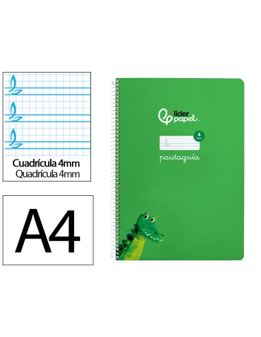 Cuaderno espiral liderpapel di n a4 pautaguia tapa blanda 80h 75 gr cuadro pautado 4mm color verde