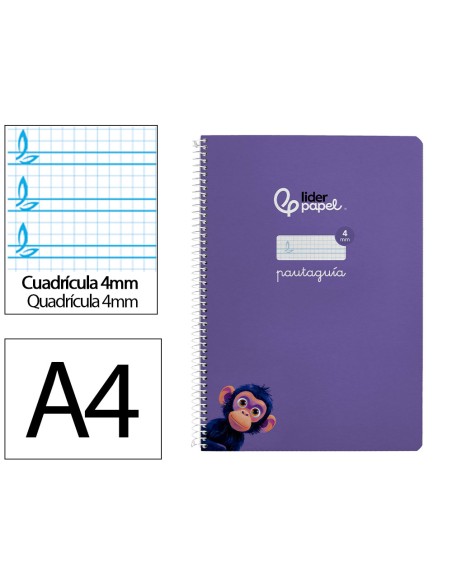 Cuaderno espiral liderpapel di n a4 pautaguia tapa blanda 80h 75 gr cuadro pautado 4mm color lila