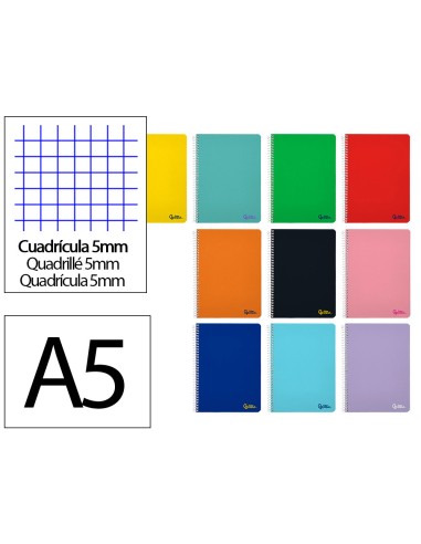 Cuaderno espiral liderpapel din a5 smart tapa blanda 80h 75gr cuadro 5mm con margen colores surtidos