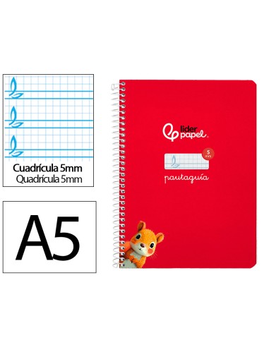 Cuaderno espiral liderpapel di n a5 pautaguia tapa dura 80h 90 gr cuadro pautado 5mm color rojo