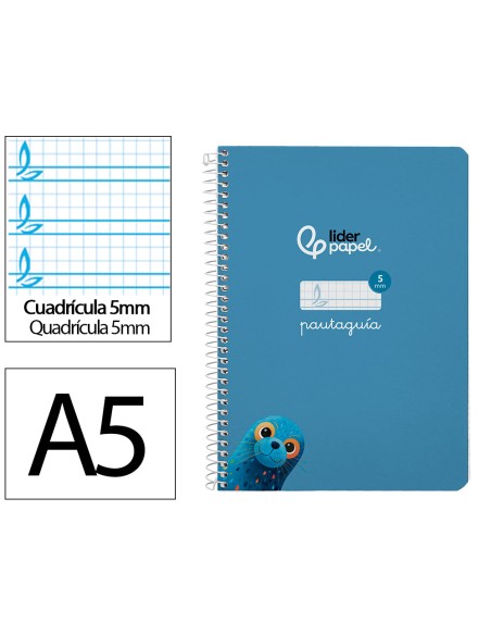 Cuaderno espiral liderpapel di n a5 pautaguia tapa dura 80h 90 gr cuadro pautado 5mm color azul
