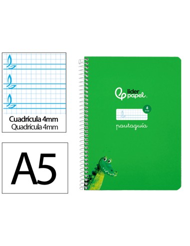 Cuaderno espiral liderpapel di n a5 pautaguia tapa dura 80h 90 gr cuadro pautado 4mm color verde