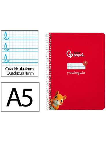 Cuaderno espiral liderpapel di n a5 pautaguia tapa dura 80h 90 gr cuadro pautado 4mm color rojo