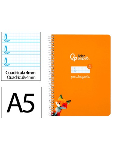 Cuaderno espiral liderpapel di n a5 pautaguia tapa dura 80h 90 gr cuadro pautado 4mm color naranja