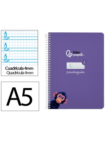 Cuaderno espiral liderpapel di n a5 pautaguia tapa dura 80h 90 gr cuadro pautado 4mm color lila