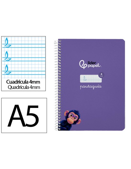 Cuaderno espiral liderpapel di n a5 pautaguia tapa dura 80h 90 gr cuadro pautado 4mm color lila