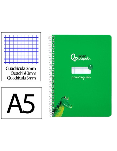 Cuaderno espiral liderpapel di n a5 pautaguia tapa dura 80h 90 gr cuadro pautado 3mm color verde