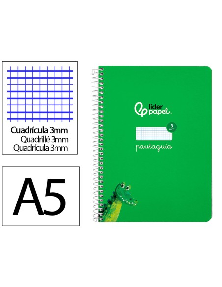 Cuaderno espiral liderpapel di n a5 pautaguia tapa dura 80h 90 gr cuadro pautado 3mm color verde